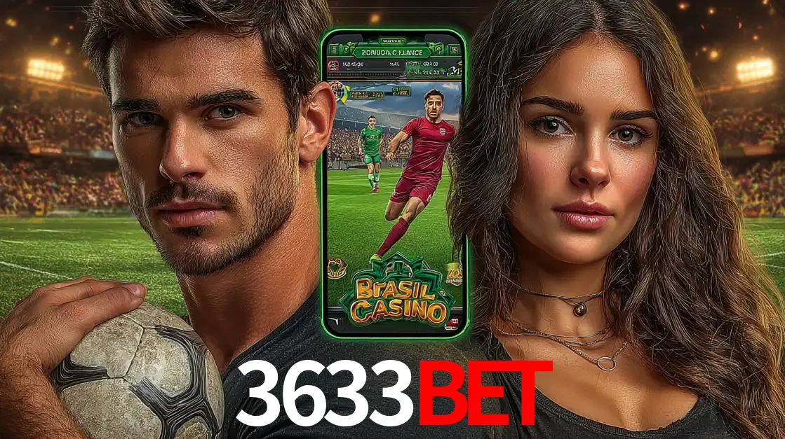 Homem segurando uma bola de futebol e uma mulher ao lado de um smartphone exibindo o jogo de apostas esportivas da 3633BET. Faça seu palpite no cassino online.